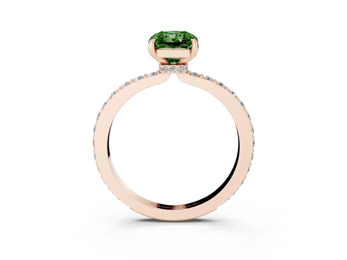 Fancy Green Radiant Cut Diamond Pavé Engagement Ring with Round Accents and Prong Setting Rose gold