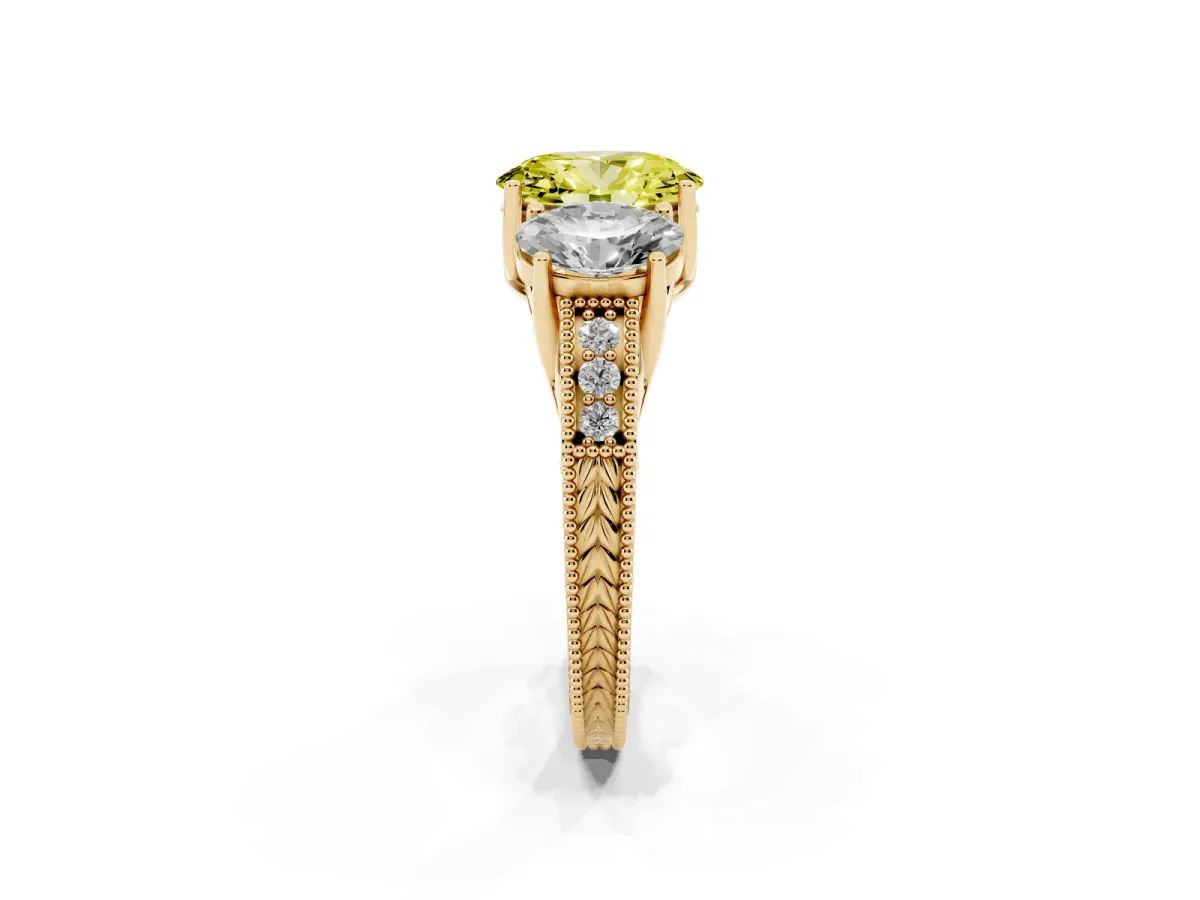 Fancy Yellow Three-Stone Oval Cut Cut Milgrain Pavé Engagement Ring Yellow gold