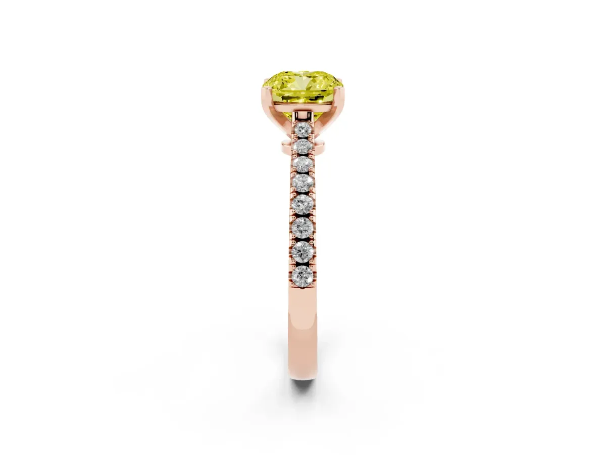 Fancy Yellow Cushion Cut Cut Solitaire Diamond Engagement Ring with Pave Band and Four-Prong Setting Rose gold