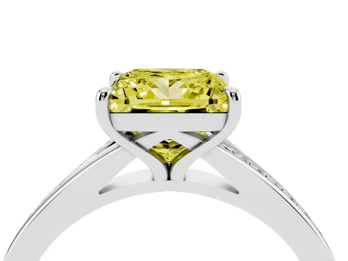 Fancy Yellow Princess Cut Diamond Solitaire Ring with Pavé Band and Prong Setting Silver