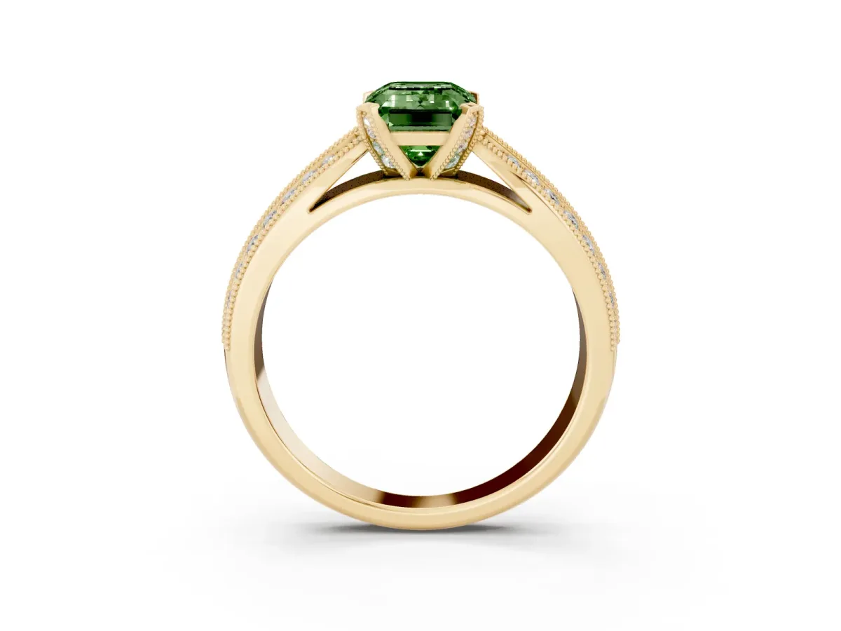 Fancy Green Emerald Cut Diamond Solitaire Ring with Milgrain Round Pavé Band and Prong Setting Yellow gold