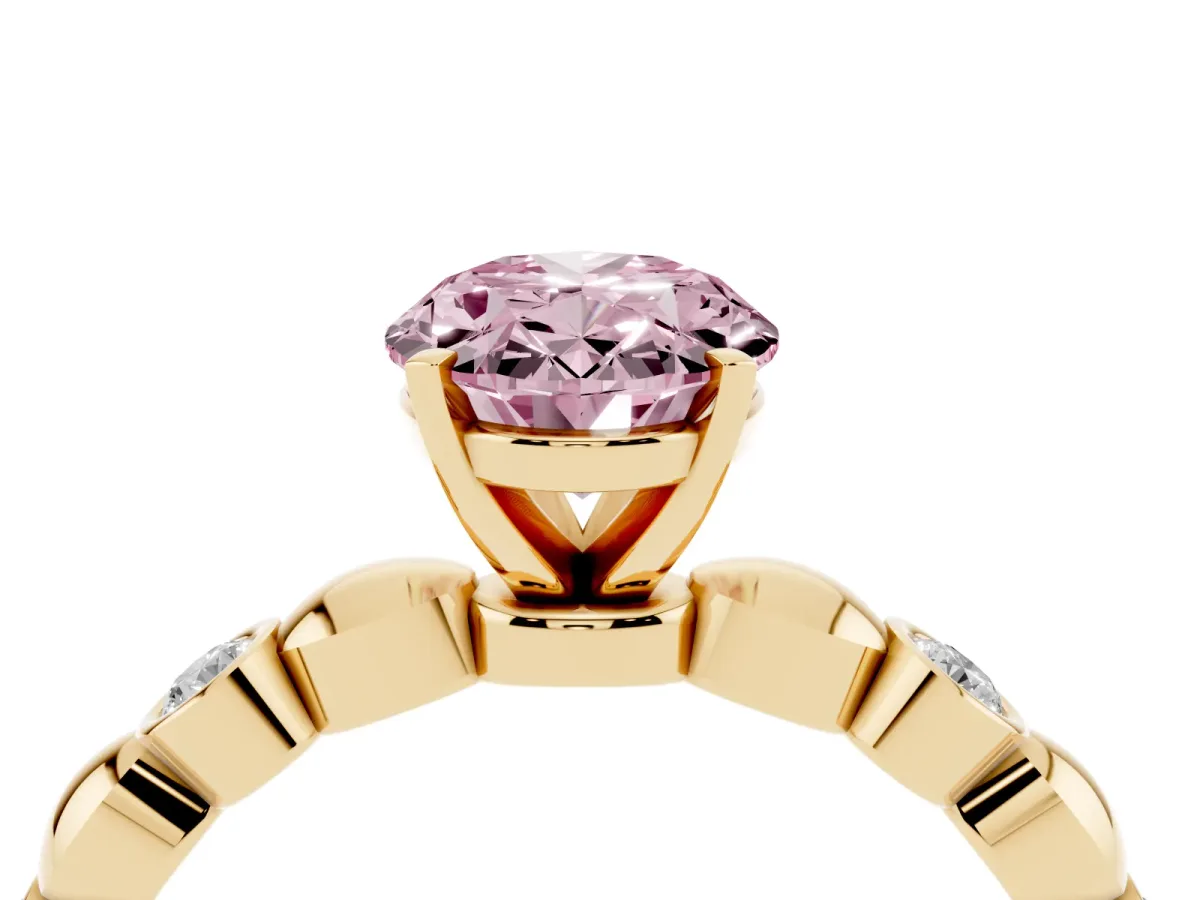 Fancy Pink Oval Cut Solitaire Bezel-Set Diamond Ring with Beaded Band and Four-Prong Setting Yellow gold