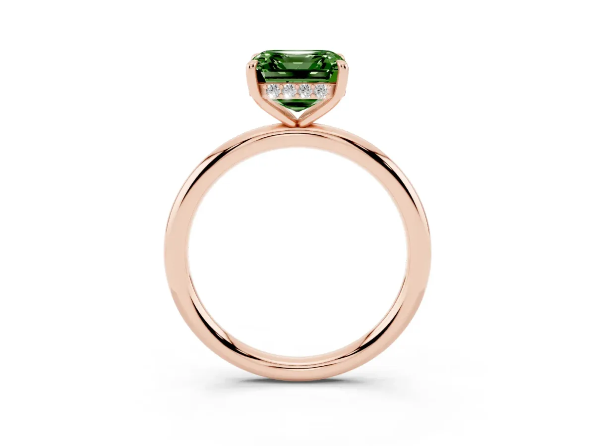 Fancy Green Asscher Cut Diamond Solitaire Ring with Thin Band and Four-Prong Setting Rose gold