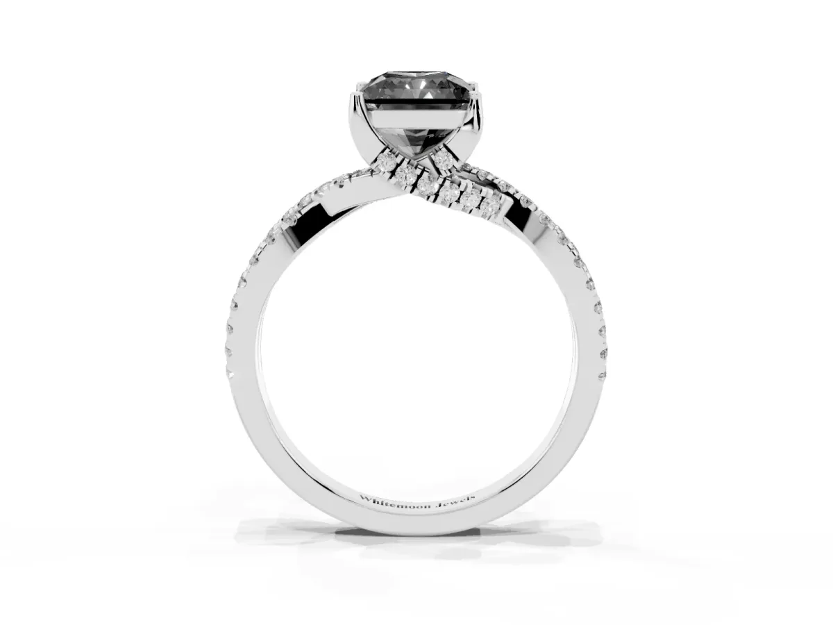 Fancy Black Radiant Cut Solitaire Twist Pave Diamond Engagement Ring with Prong Setting Silver