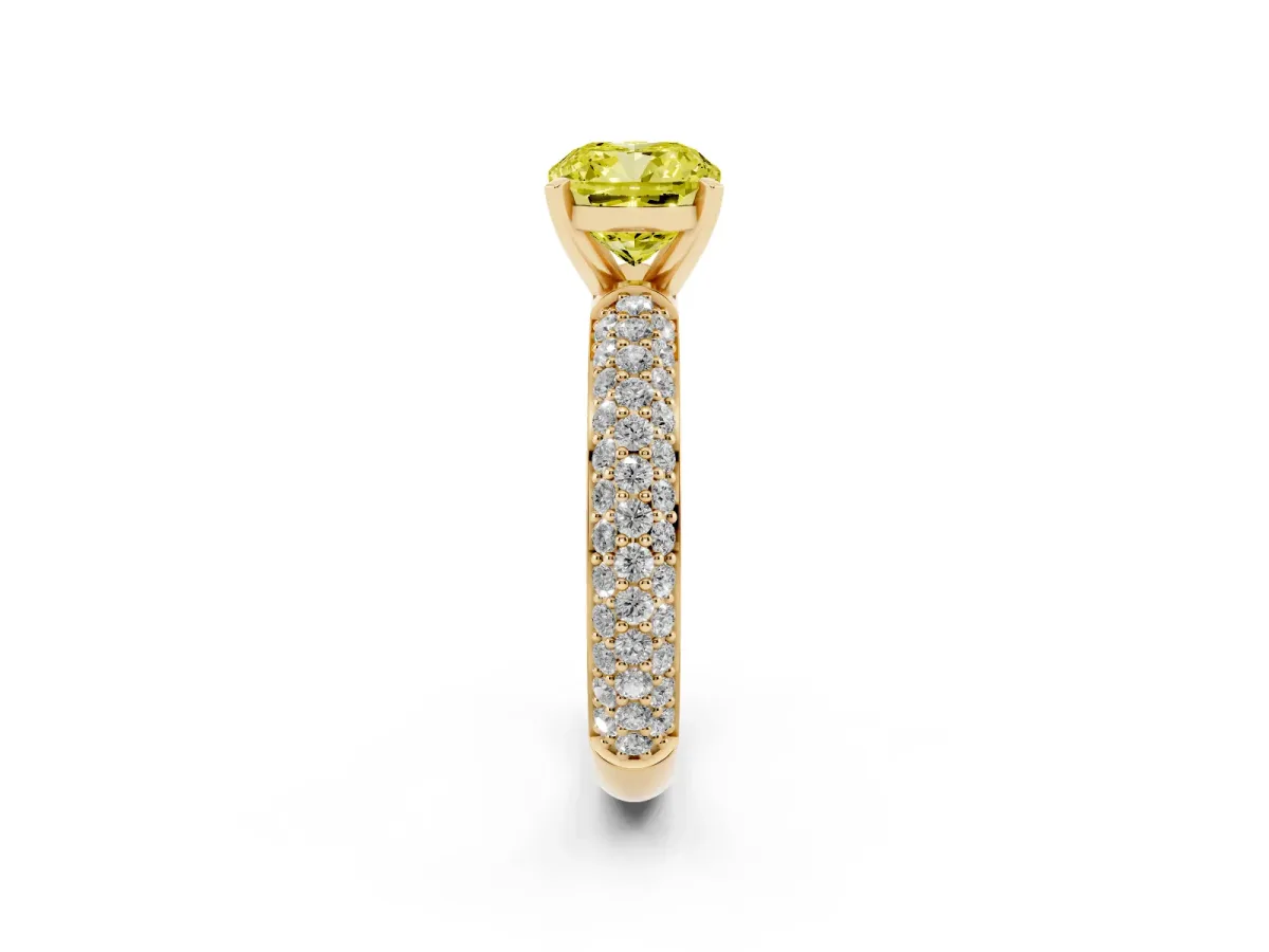 Fancy Yellow Cushion Cut Diamond Solitaire Ring with Prong Setting and Pavé Band Yellow gold