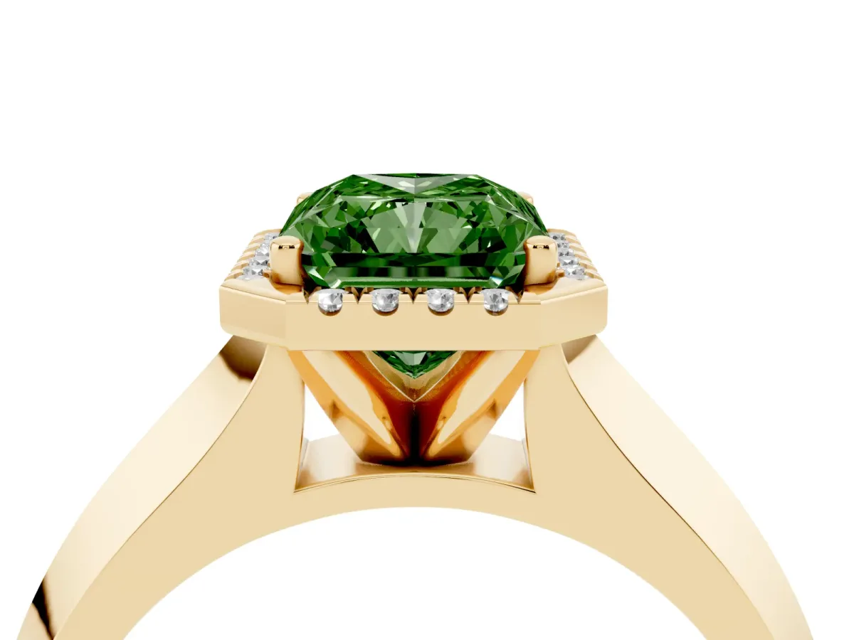 Fancy Green Radiant Cut Halo Diamond Ring with Cathedral Band and Four-Prong Setting Yellow gold