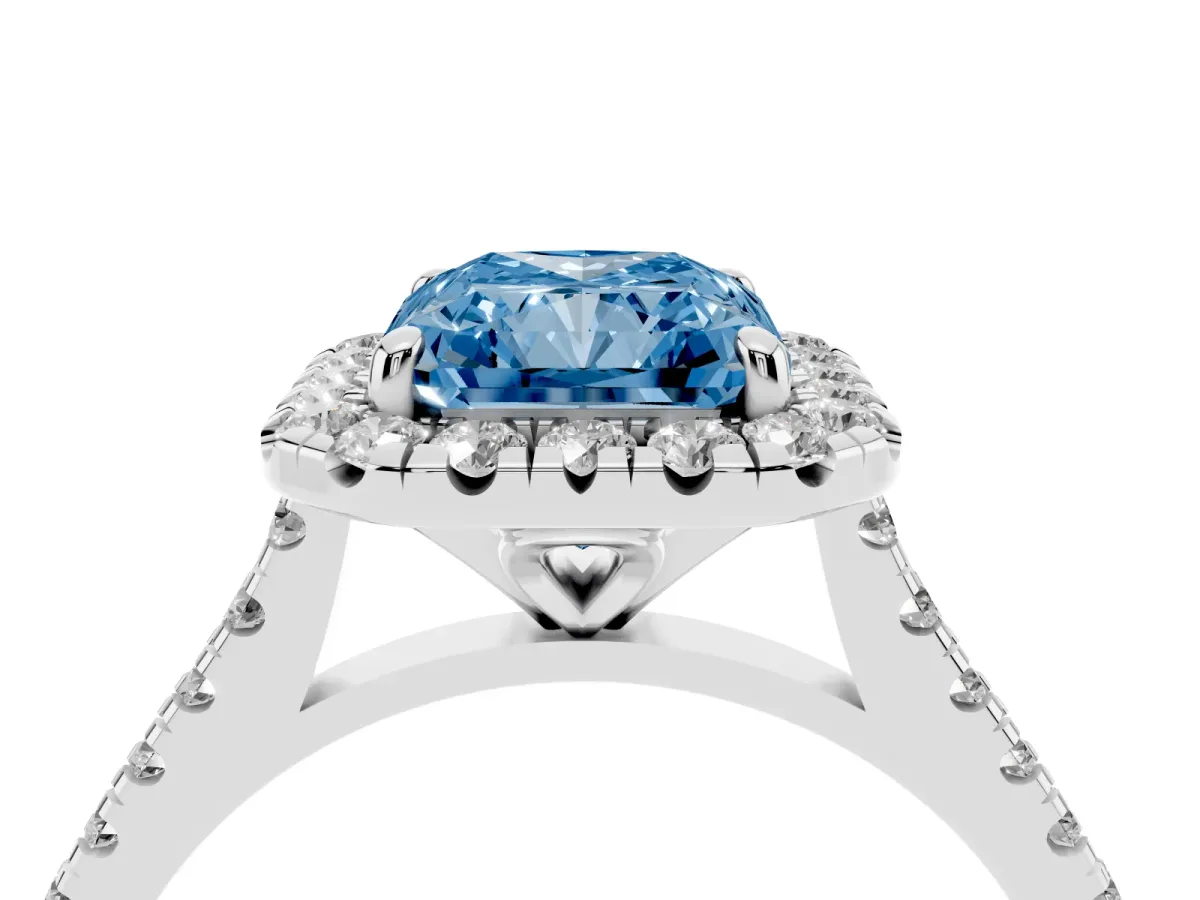 Fancy Blue Radiant Cut Diamond Cushion Halo Ring with Pavé Band Silver