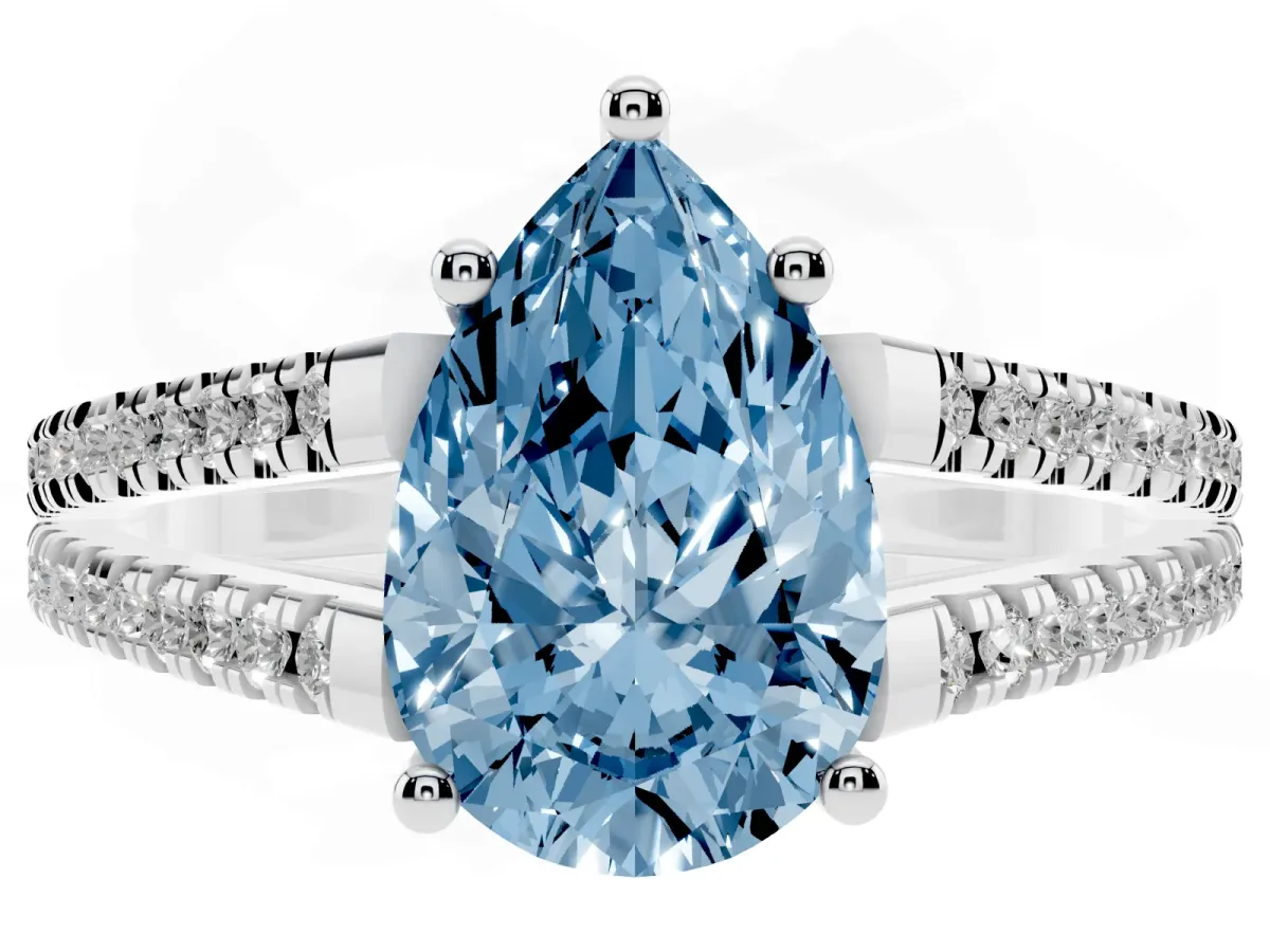 Fancy Blue Pear Cut Diamond Solitaire Engagement Ring with Split Shank Pavé Band Platinum