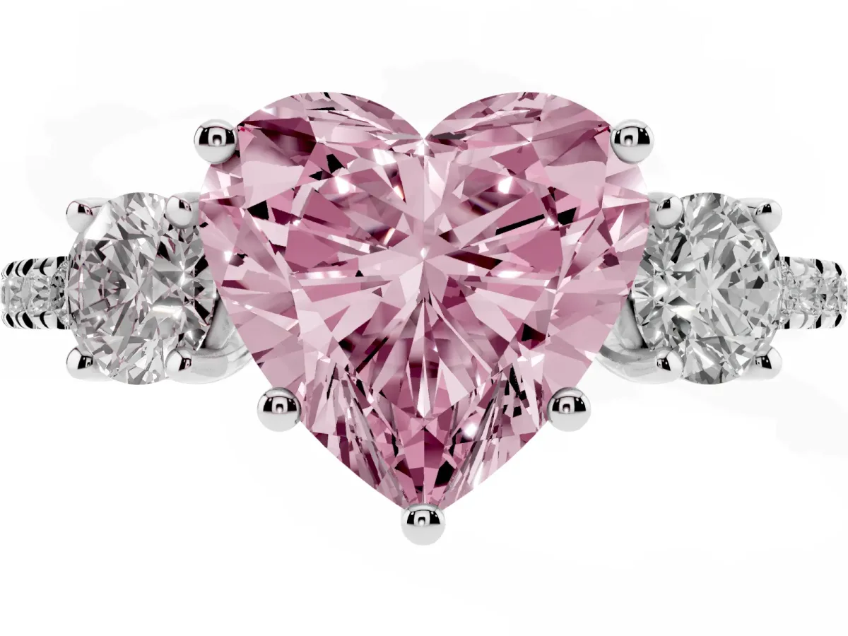 Fancy Pink Three-Stone Heart Cut Cut Diamond Pavé Band with Prong Setting Silver