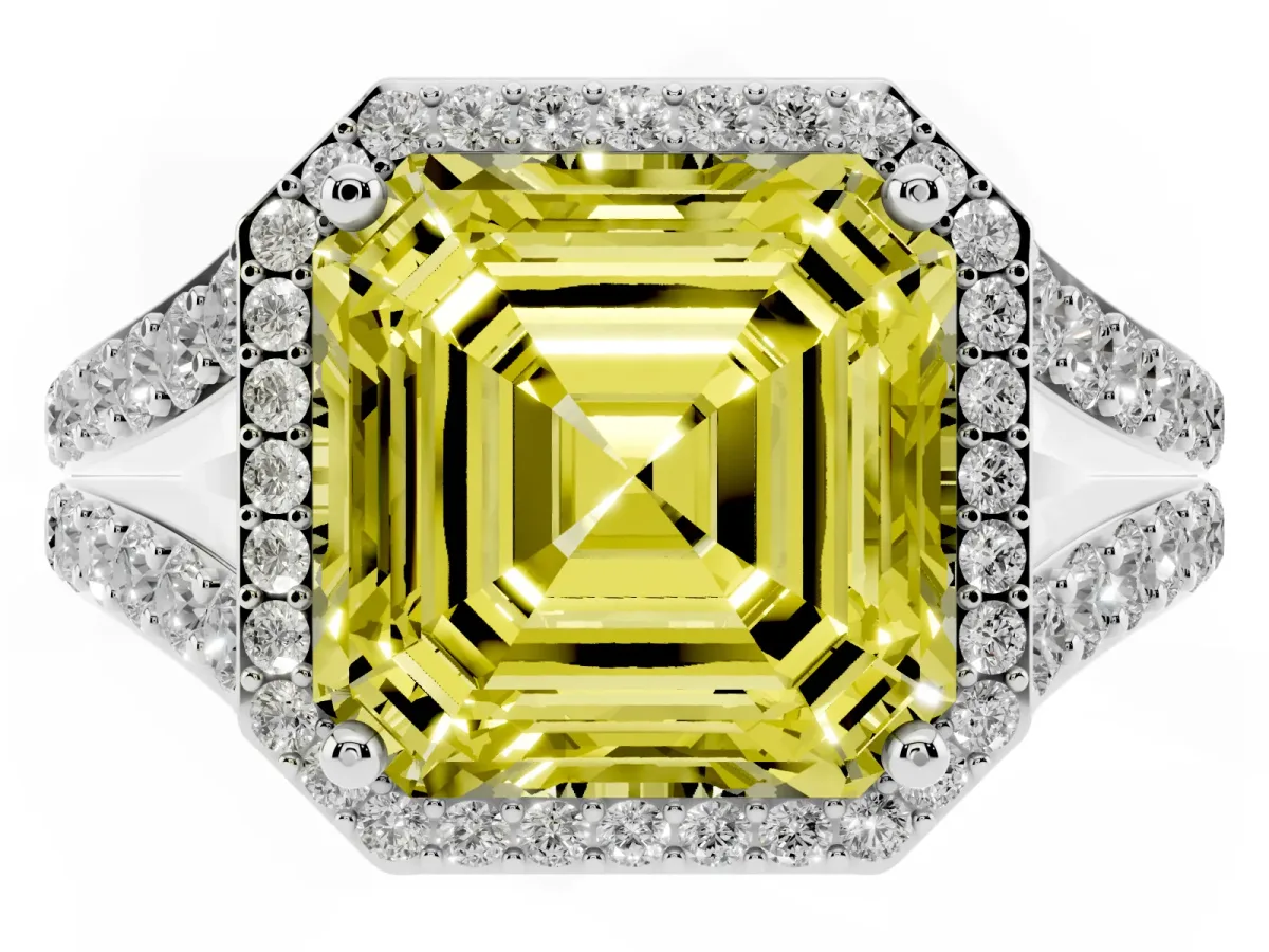 Fancy Yellow Asscher Cut Diamond Split Shank Halo Ring with Four-Prong Setting White gold