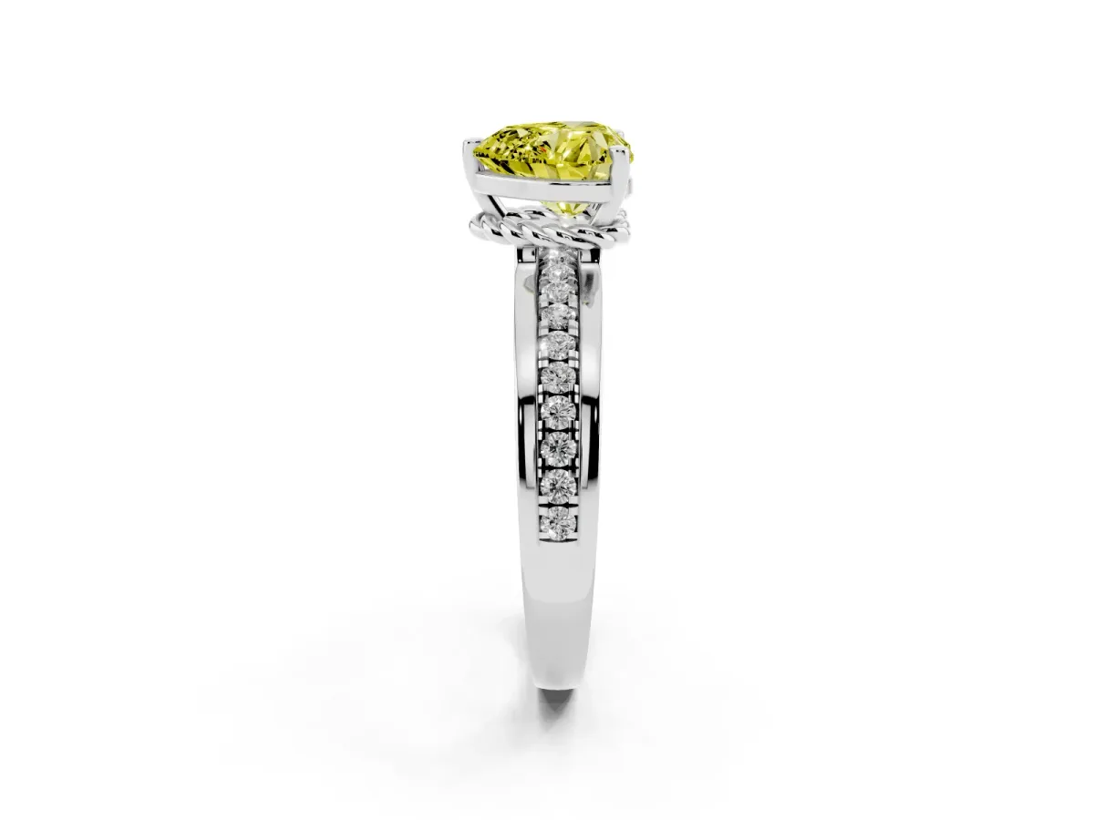 Fancy Yellow Heart Cut Solitaire Diamond Ring with Channel Set Band and Six-Prong Setting Platinum