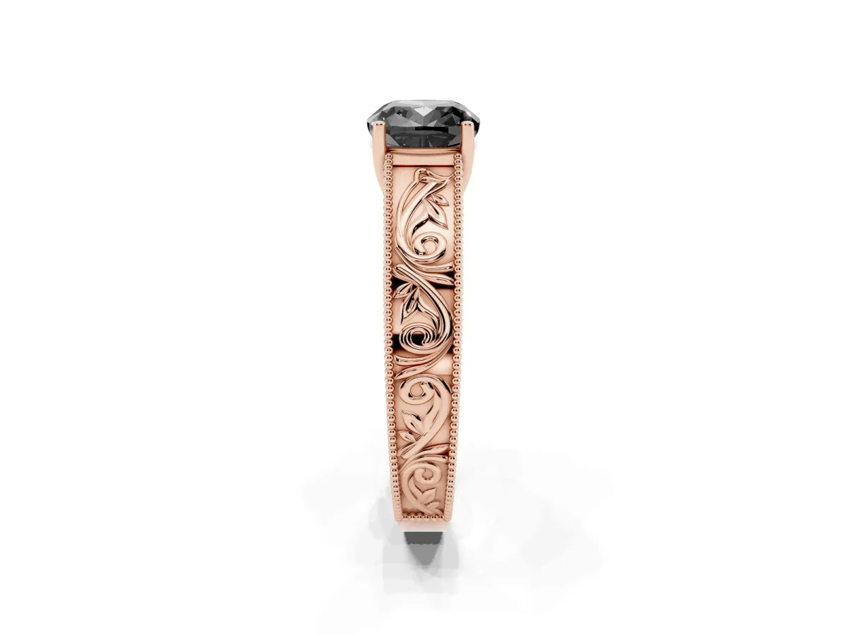 Fancy Black Cushion Cut Diamond Solitaire Ring with Engraved Band and Four-Prong Setting Rose gold