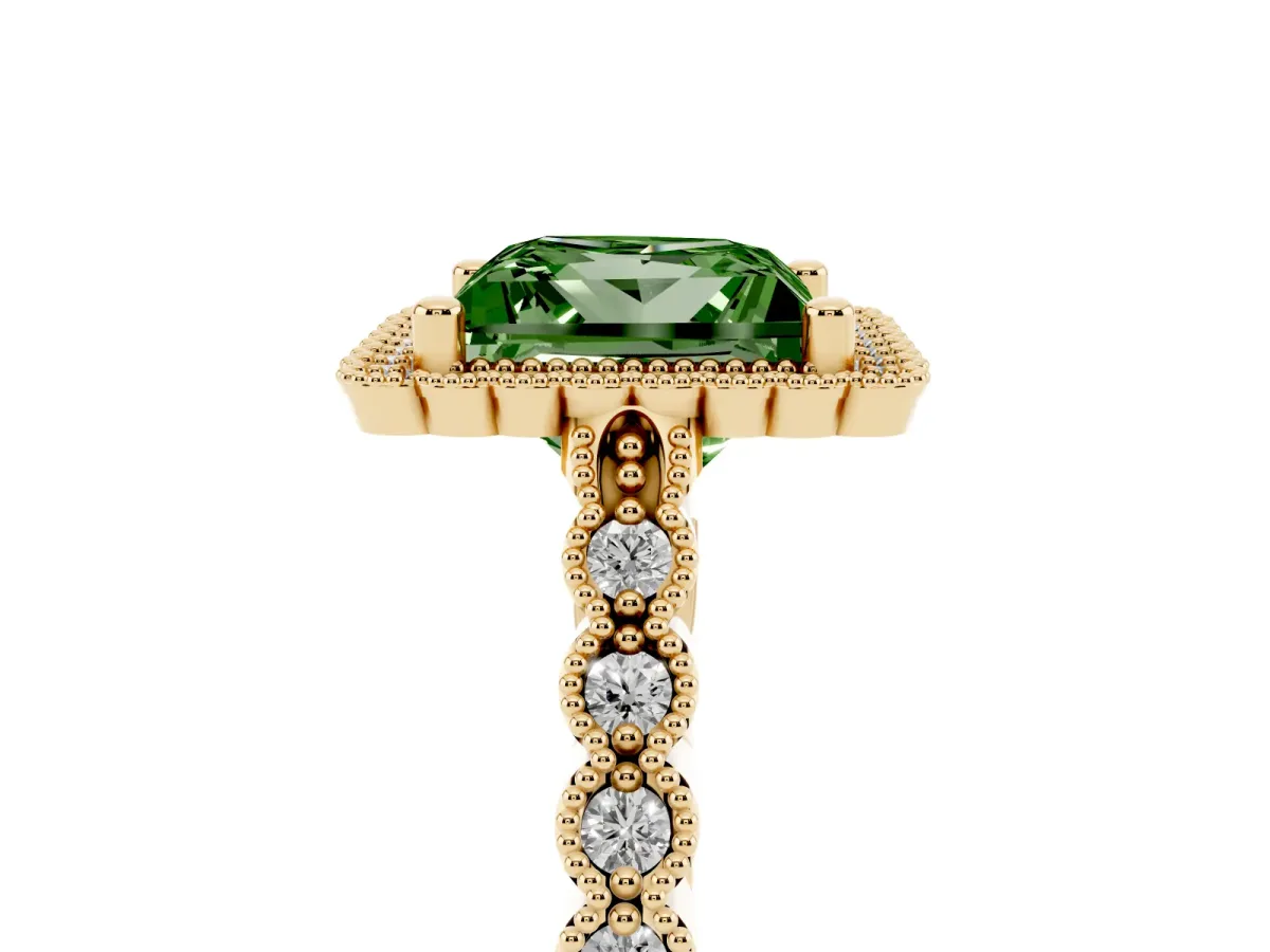 Fancy Green Princess Cut Cut Halo Pavé Solitaire Ring with Milgrain Band Yellow gold