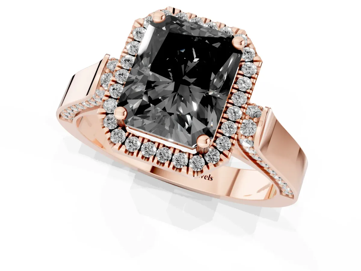 Fancy Black Radiant Cut Halo Round Diamond Twist Band with Four-Prong Setting Rose gold
