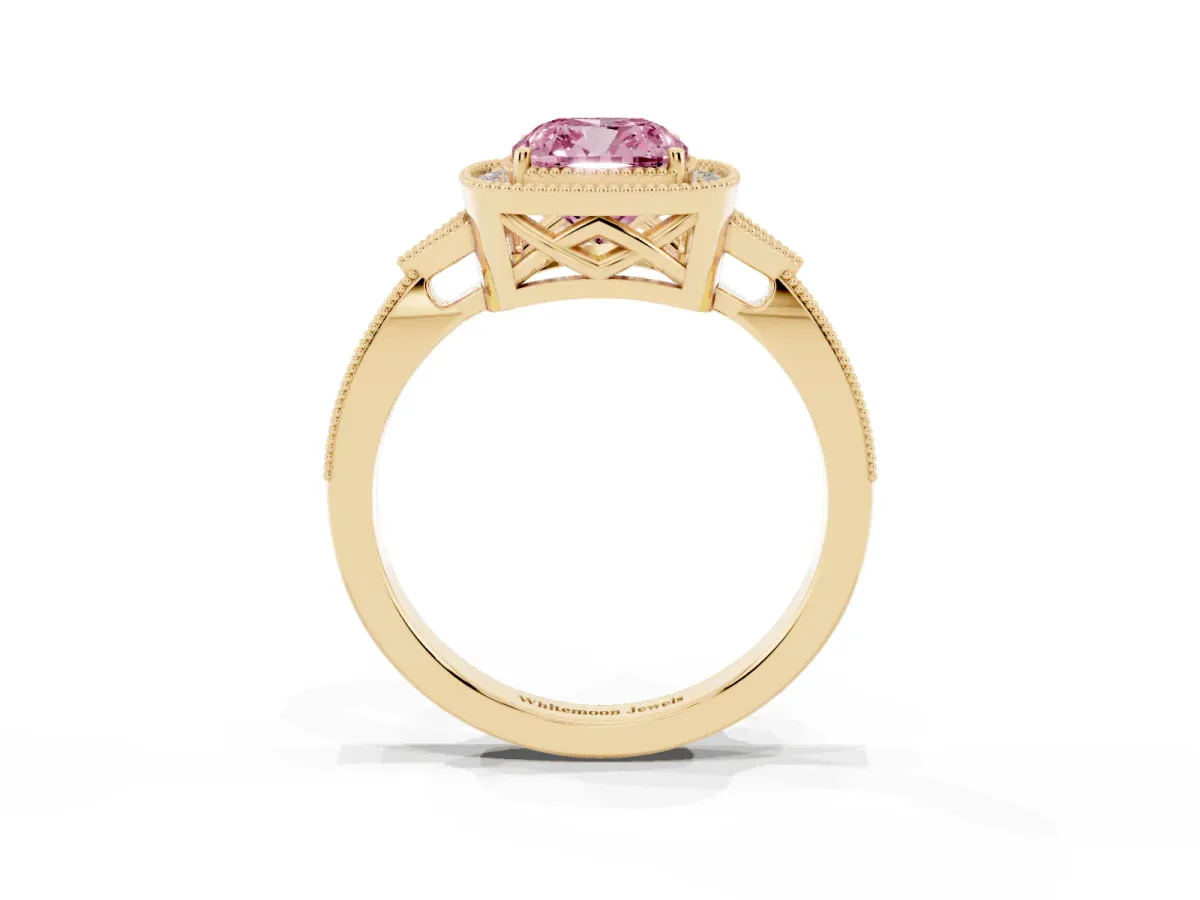 Fancy Pink Cushion Cut Halo Round Diamond Milgrain Pave Engagement Ring Yellow gold