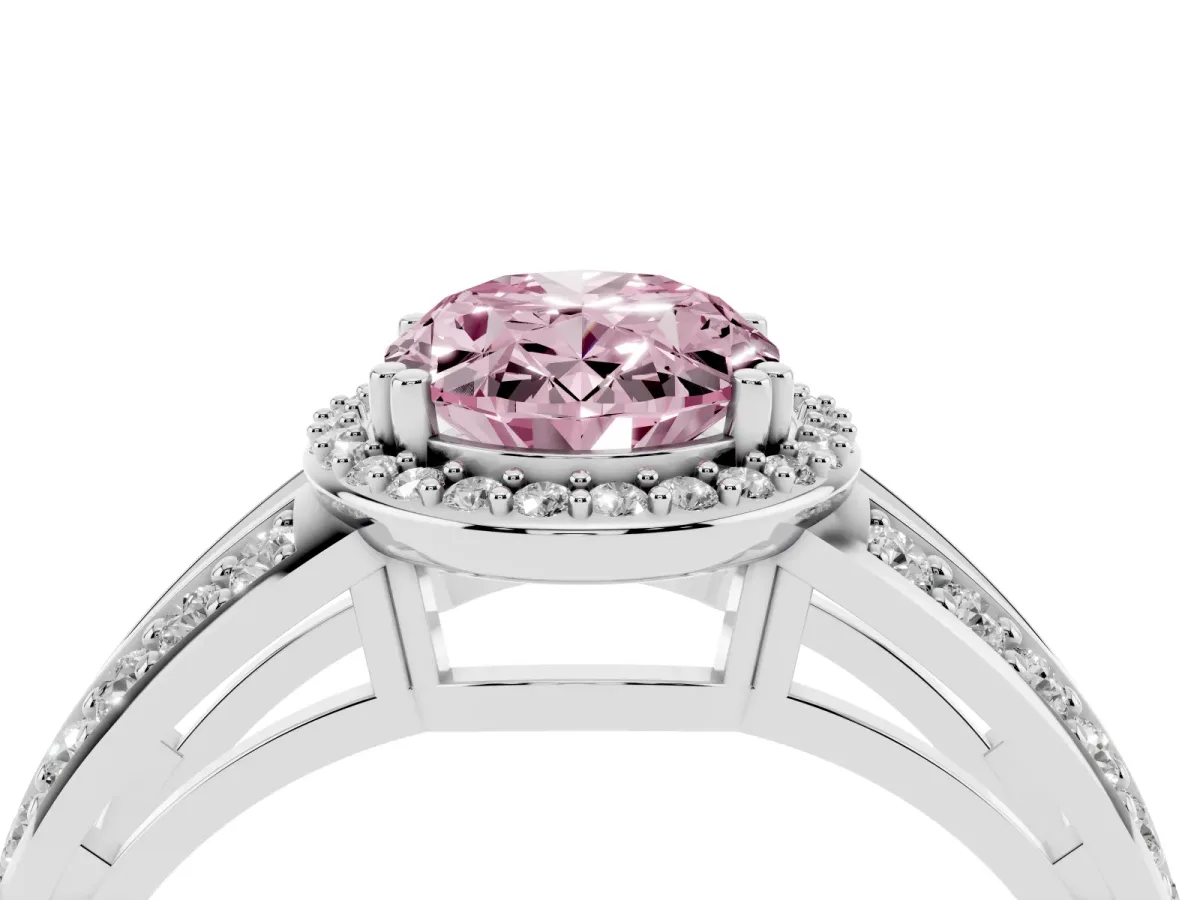 Fancy Pink Oval Cut Diamond Halo Ring with Split Shank Pavé Band and Four-Prong Setting Platinum