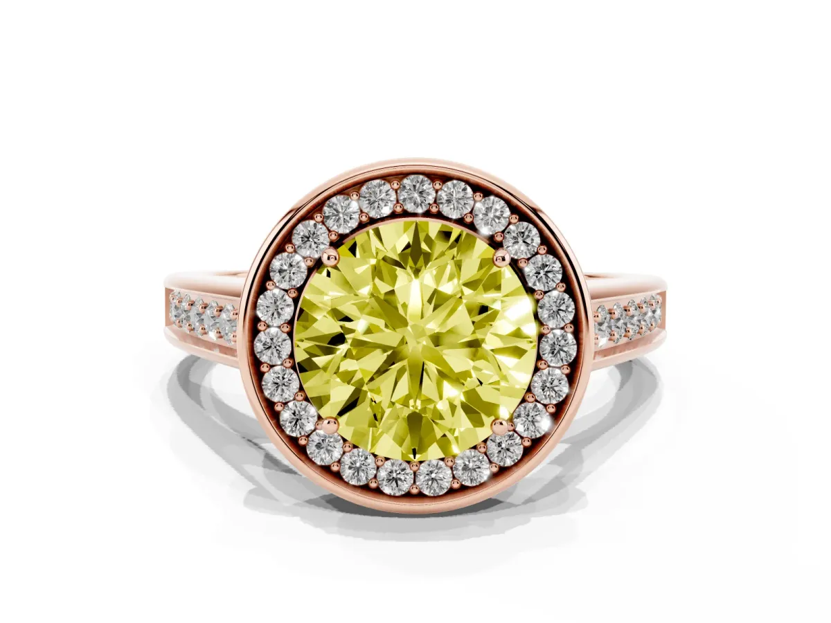 Fancy Yellow Round Cut Halo Solitaire Diamond Ring with Pave Band and Bezel Setting Rose gold