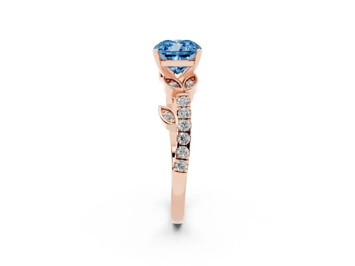 Fancy Blue Cushion Cut Solitaire Leaf-Inspired Diamond Ring with Pavé Band and Four-Prong Setting Rose gold