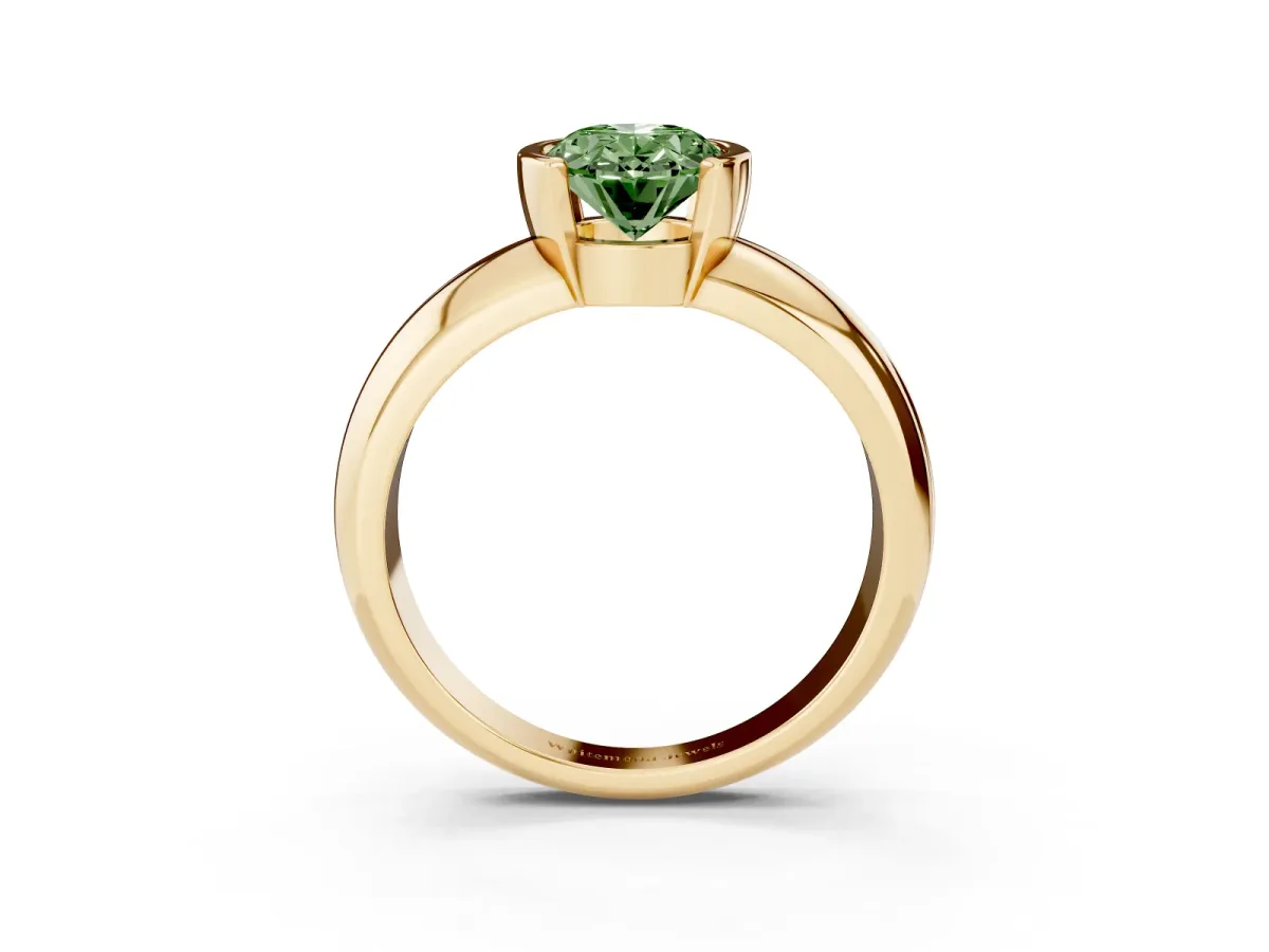 Fancy Green Oval Cut Solitaire Tension Set Diamond Ring with Wide Band Yellow gold