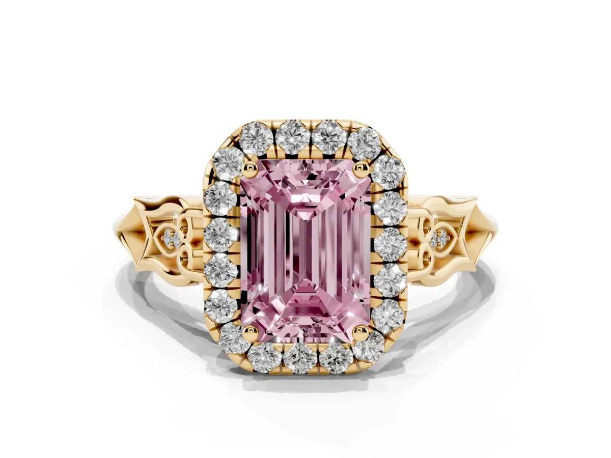 Fancy Pink Emerald Cut Halo Diamond Engagement Ring with Filigree Band and Four-Prong Setting Yellow gold