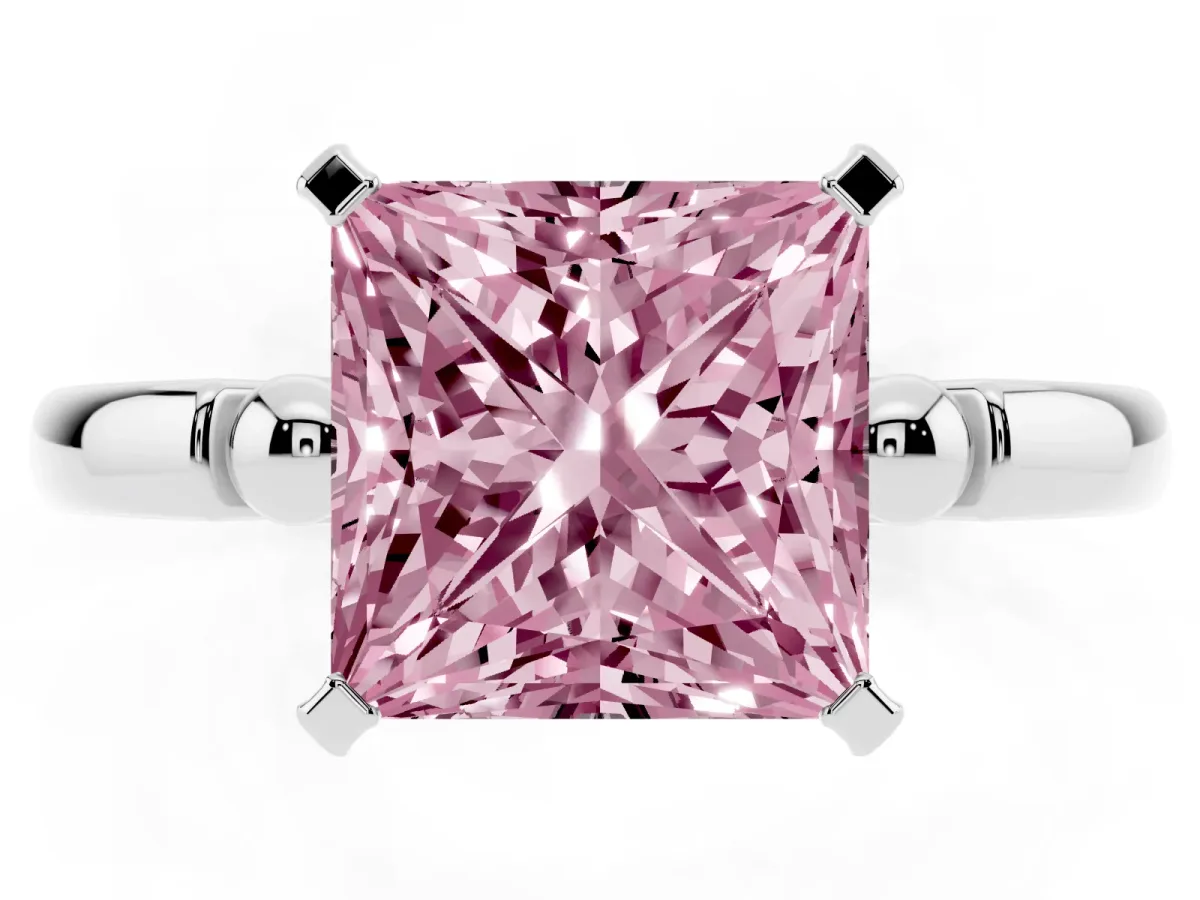 Fancy Pink Princess Cut Solitaire Beaded Band with Four-Prong Setting Silver