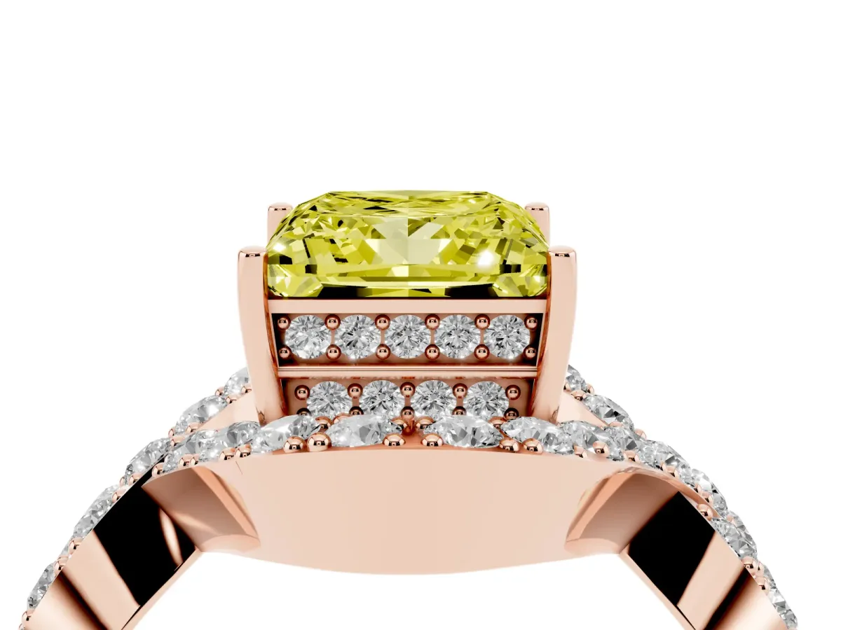 Fancy Yellow Princess Cut Solitaire Twist Band Pavé Diamond Engagement Ring Rose gold
