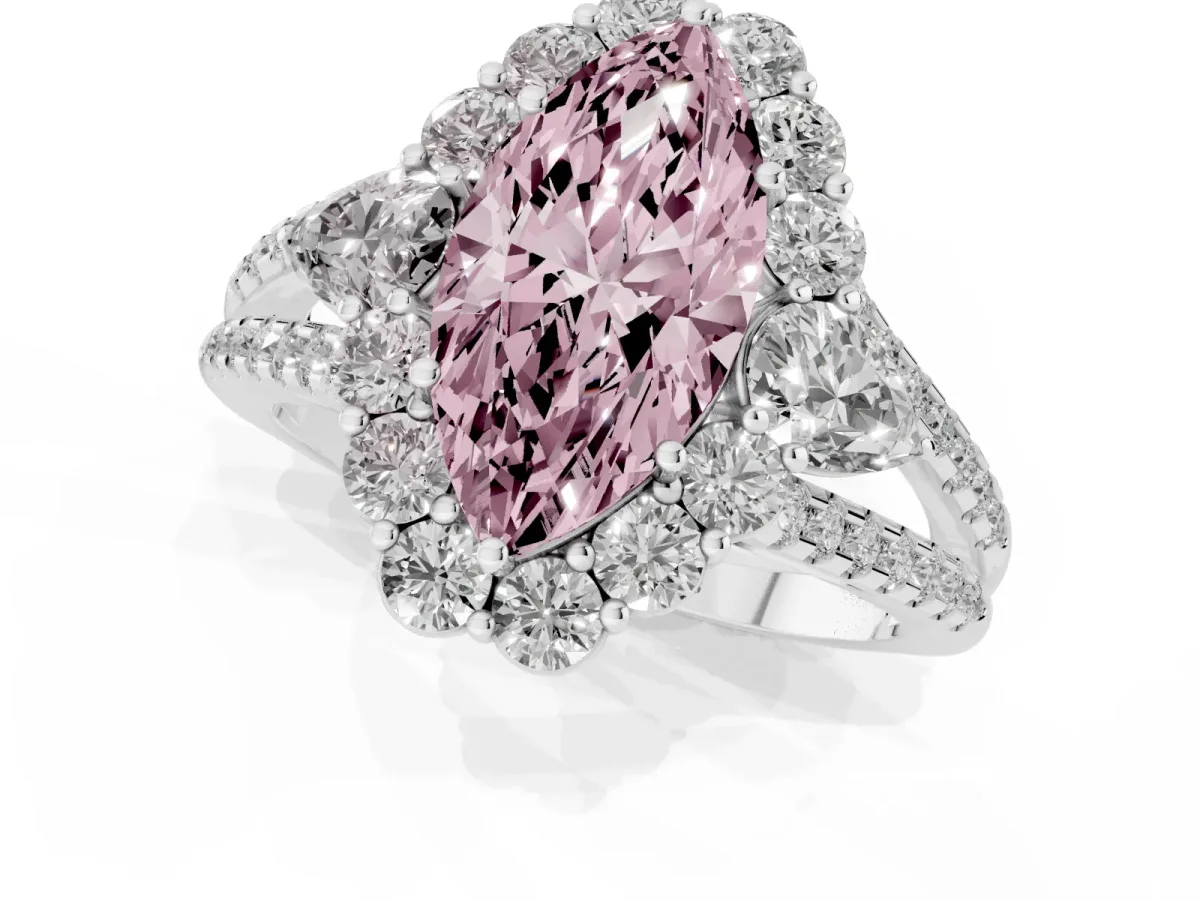 Fancy Pink Marquise Cut Halo Split Shank Diamond Engagement Ring with Prong Setting Silver