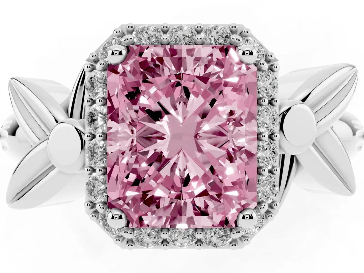 Fancy Pink Radiant Cut Halo Diamond Floral Band with Four-Prong Setting Platinum