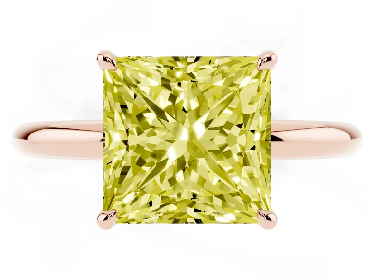 Fancy Yellow Princess Cut Diamond Solitaire Ring with Thin Band and Four-Prong Setting Rose gold