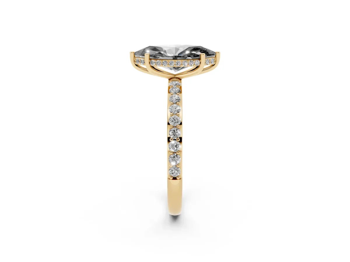 Fancy Black Marquise Cut Diamond Solitaire Ring with Pavé Band and Hidden Halo Yellow gold