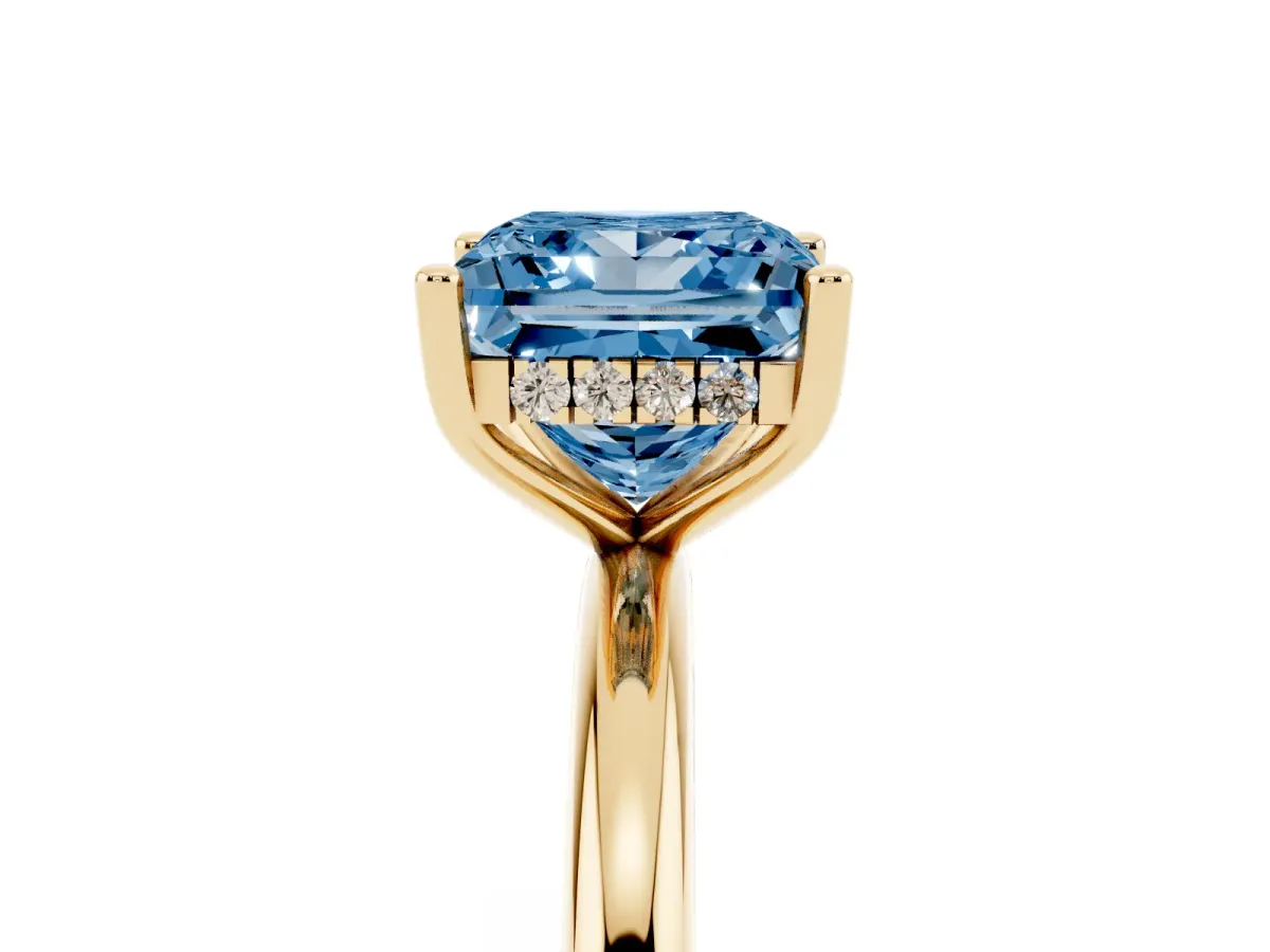 Fancy Blue Princess Cut Cut Solitaire Engagement Ring with Four-Prong Setting and Classic Band Yellow gold