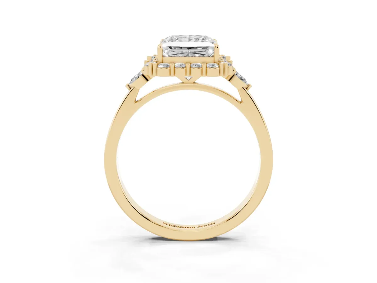 Princess Cut Diamond Halo Ring with Pear Side Stones and Prong Setting Yellow gold