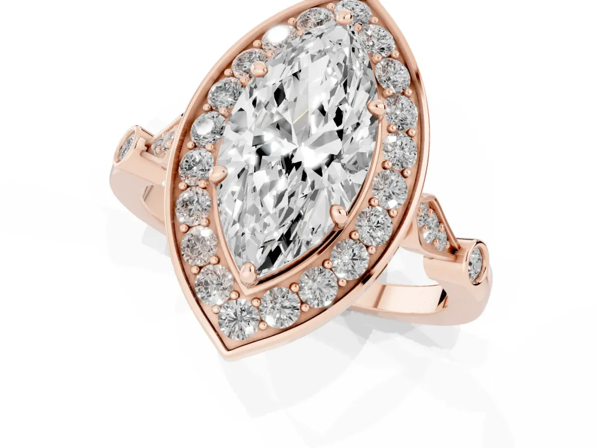 Marquise Cut Halo Diamond Engagement Ring with Twisted Band and Four-Prong Setting Rose gold