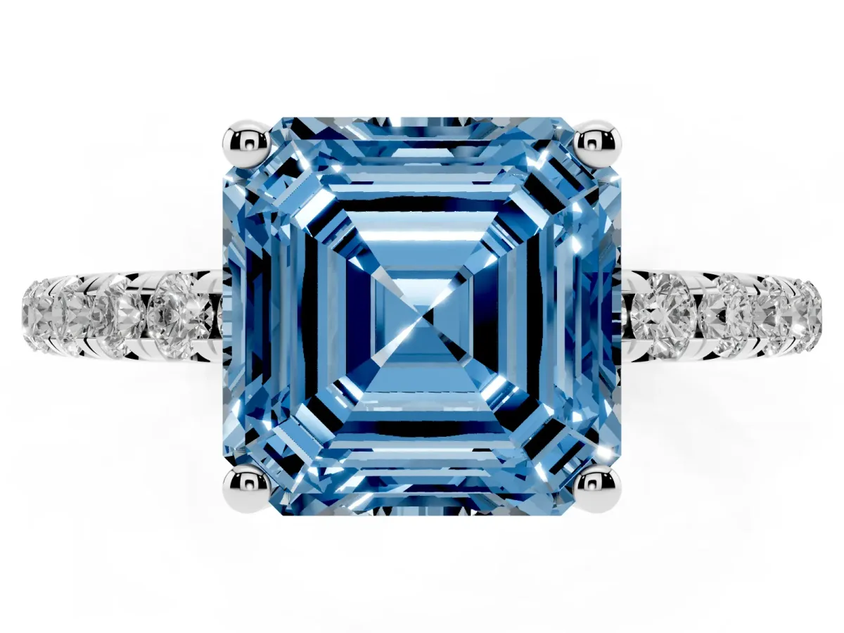 Fancy Blue Asscher Cut Cut Diamond Solitaire Ring with Micro Pave Band and Four Prong Setting Silver