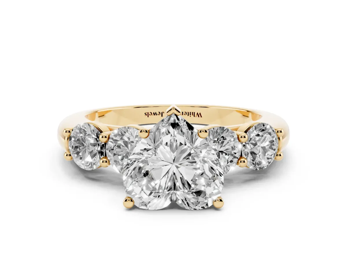 Heart Cut Cut Five-Stone Prong Set Diamond Ring with Classic Band Yellow gold