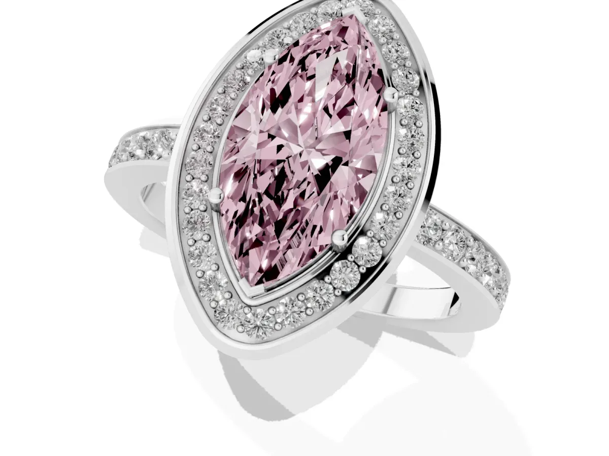 Fancy Pink Marquise Cut Diamond Halo Ring with Bezel Frame and Pavé Band White gold