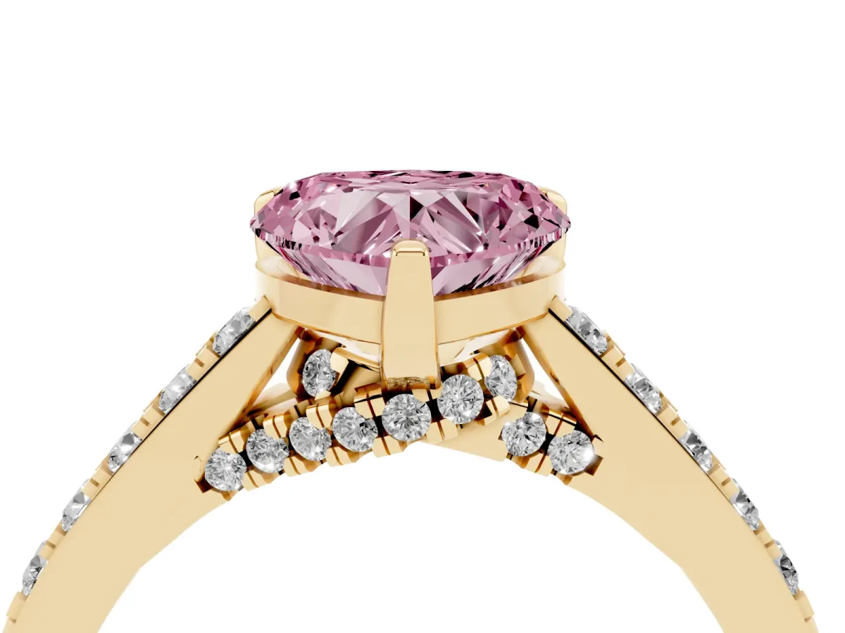 Fancy Pink Heart Cut Diamond Solitaire Ring with Crossover Gallery and Round Pavé Band Yellow gold