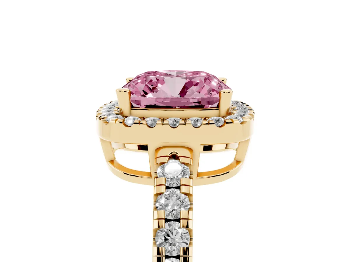 Fancy Pink Cushion Cut Diamond Halo Ring with Pavé Band and Four-Prong Setting Yellow gold