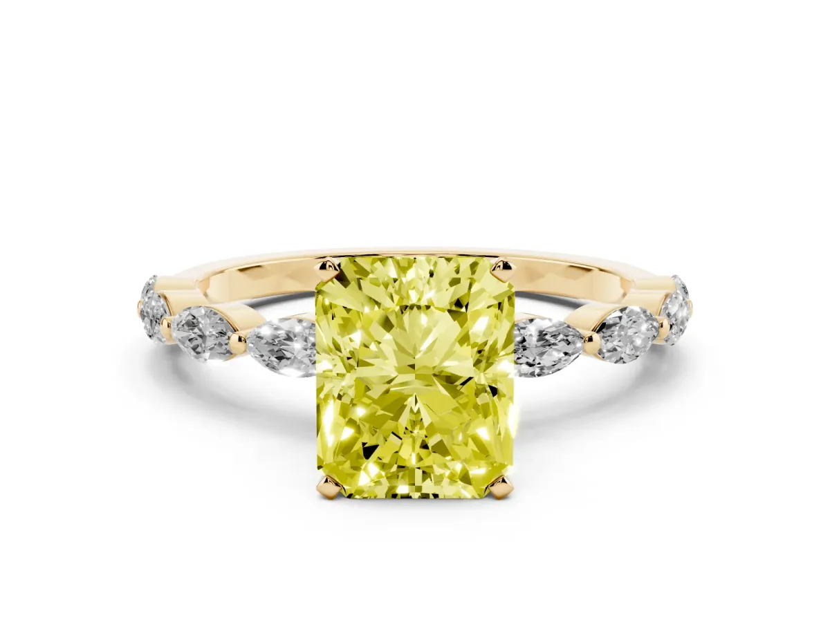 Fancy Yellow Radiant Cut Diamond Ring with Marquise Side Stones and Prong Setting Yellow gold