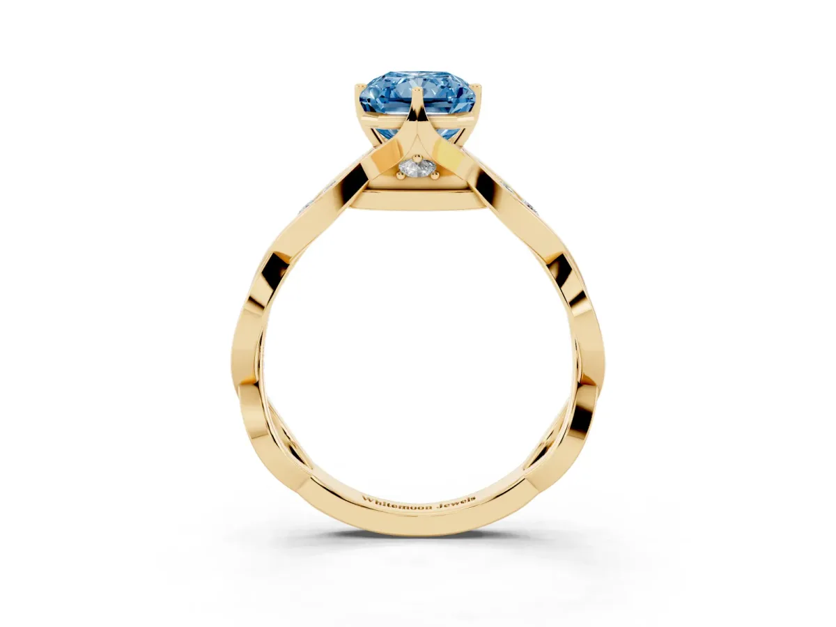 Fancy Blue Radiant Cut Solitaire Twist Band with Leaf Prong Setting Yellow gold