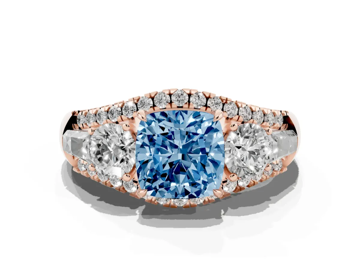 Fancy Blue Three-Stone Cushion Cut Diamond Engagement Ring with Pave Band and Prong Setting Rose gold