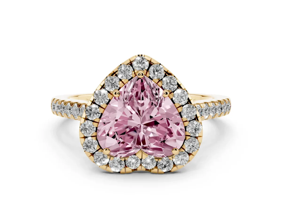 Fancy Pink Heart Cut Halo Pave Diamond Engagement Ring with Four-Prong Setting Yellow gold