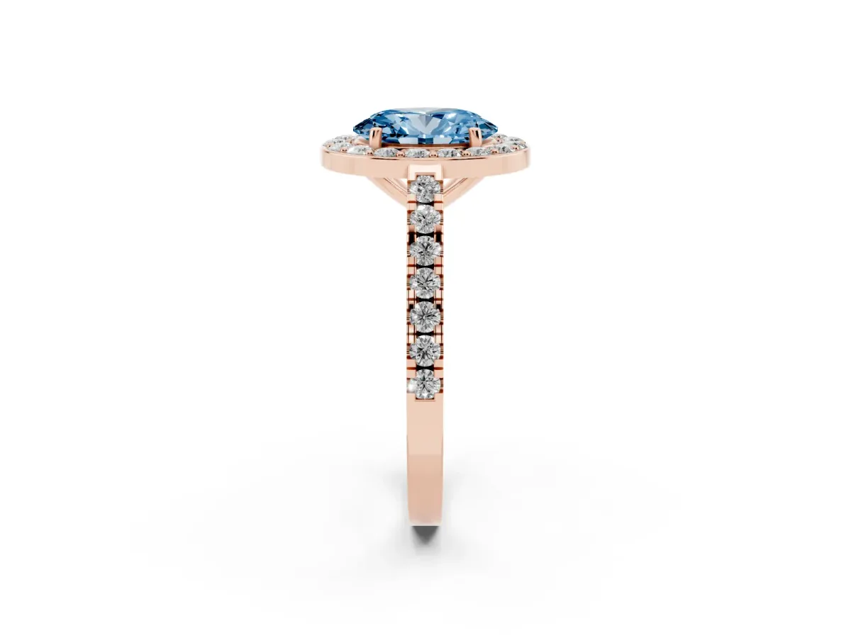 Fancy Blue Oval Cut Diamond Halo Ring with Round Pavé Split Shank and Prong Setting Rose gold