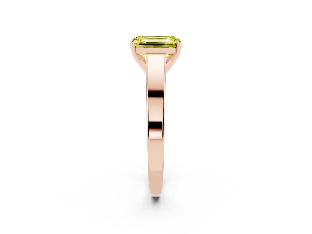 Fancy Yellow Emerald Cut Solitaire Engagement Ring with Four-Prong Setting and Tapered Band Rose gold