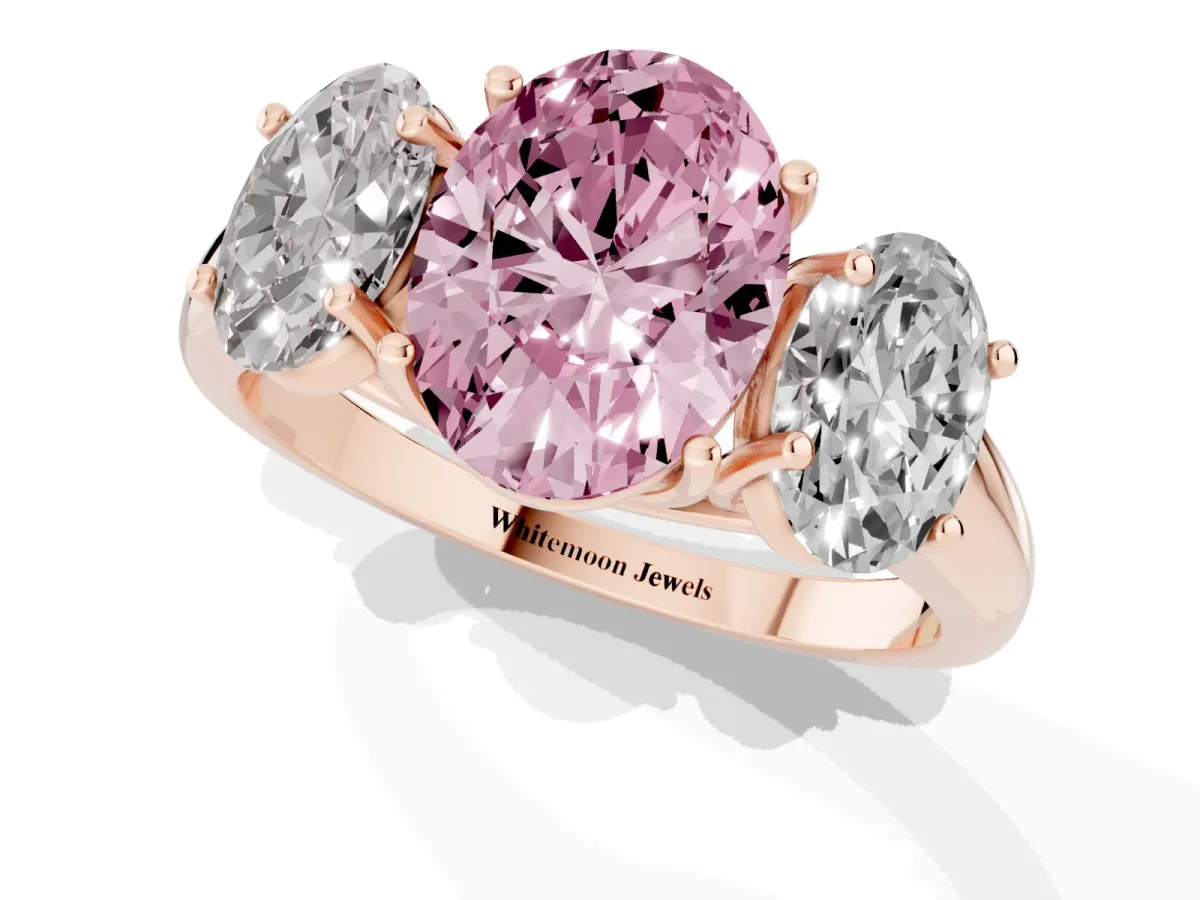 Fancy Pink Three-Stone Oval Cut Diamond Engagement Ring with Prong Setting Rose gold