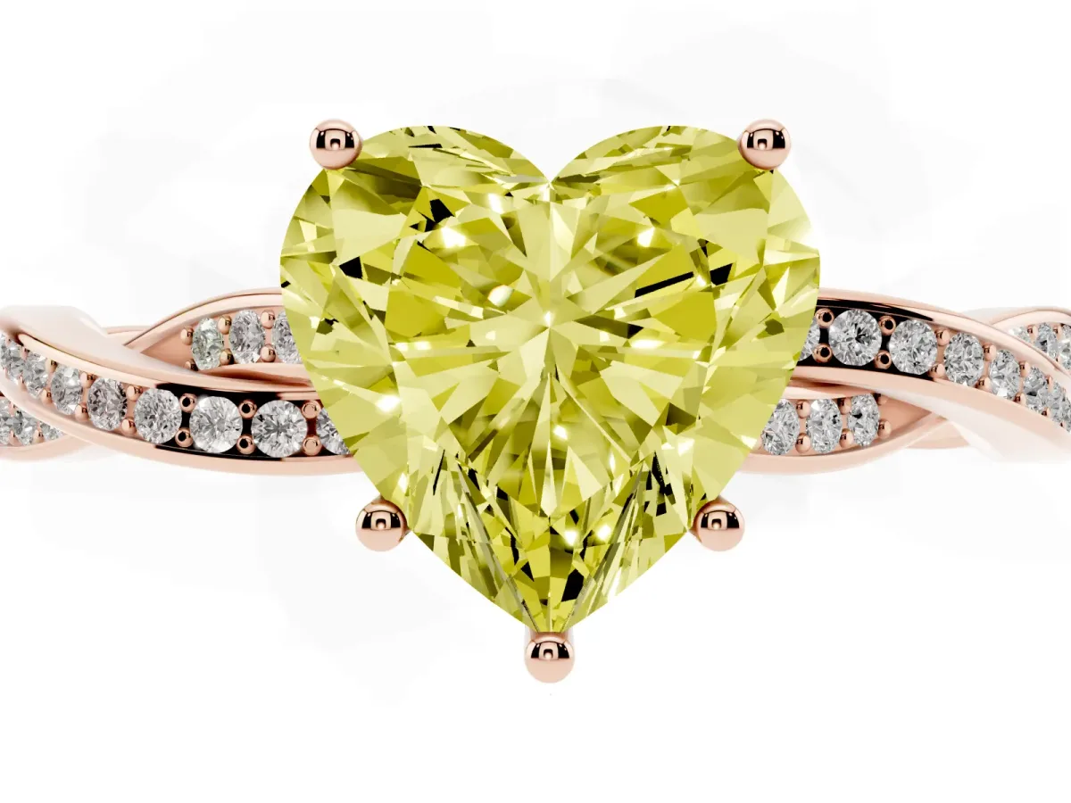 Fancy Yellow Heart Cut Solitaire Twisted Pave Diamond Ring with Four-Prong Setting Rose gold