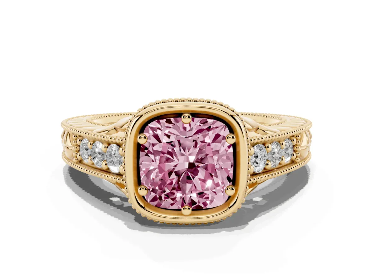 Fancy Pink Bezel Set Cushion Cut Diamond Milgrain Pave Engagement Ring Yellow gold