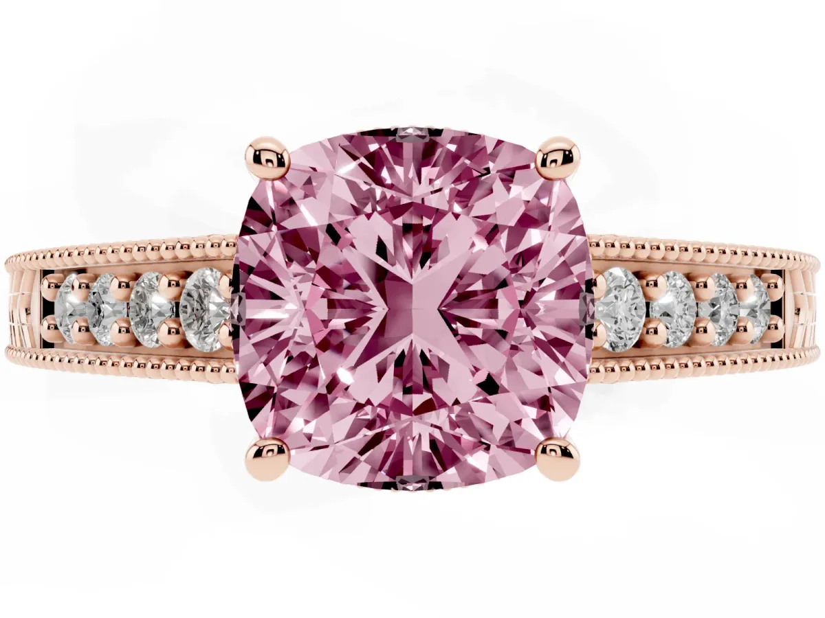 Fancy Pink Cushion Cut Solitaire Pavé Diamond Milgrain Engagement Ring with Four-Prong Setting Rose gold