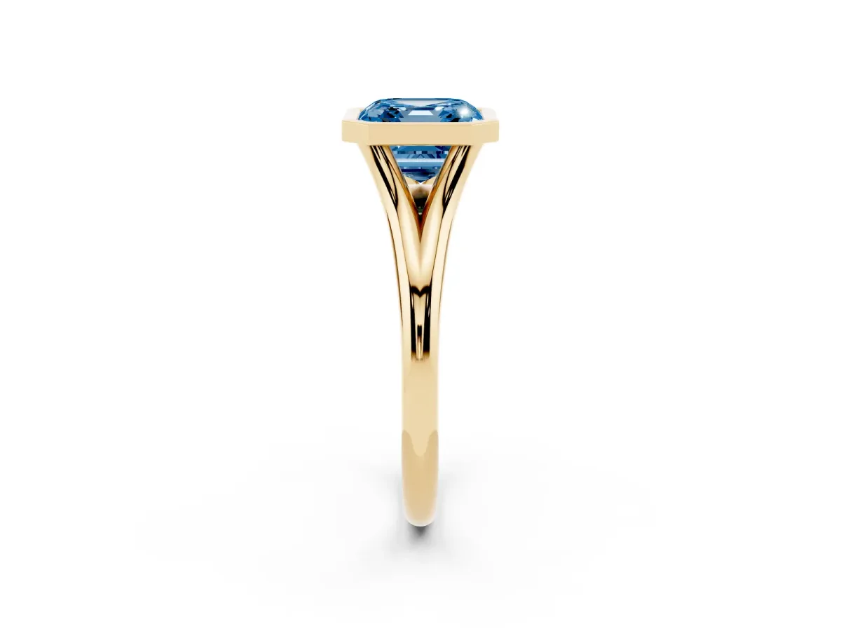 Fancy Blue Bezel Set Asscher Cut Cut Solitaire Ring with Tapered Band Yellow gold