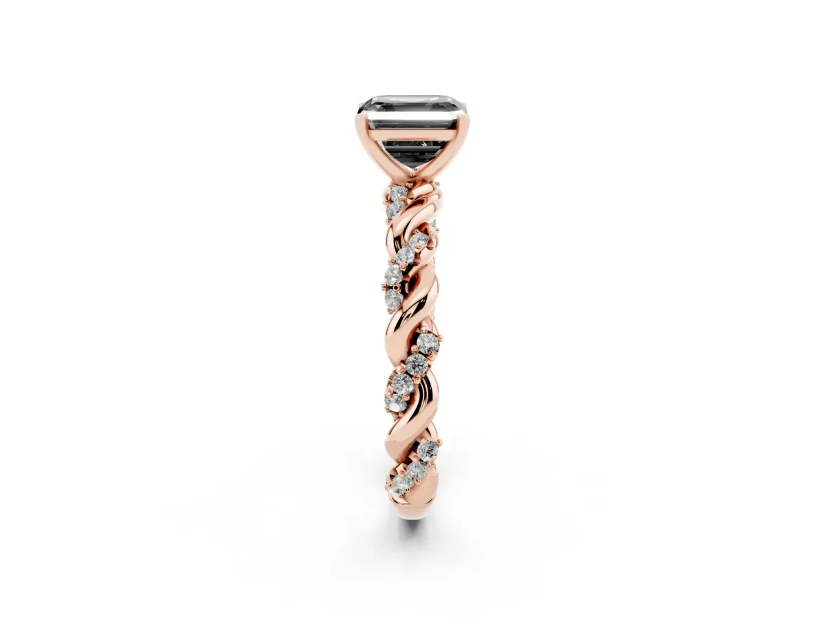 Fancy Black Asscher Cut Diamond Solitaire Ring with Twisted Band and Pavé Accents Rose gold